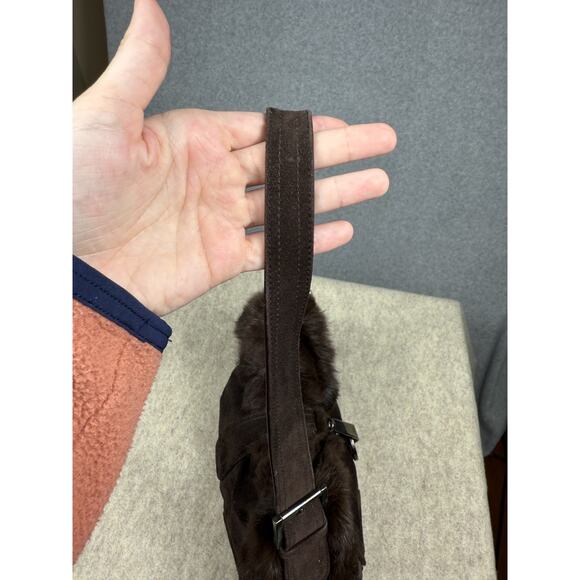 Stuart Weitzman Dark Brown Suede Fur Trim Shoulder Bag Front Clip - Picture 11 of 14